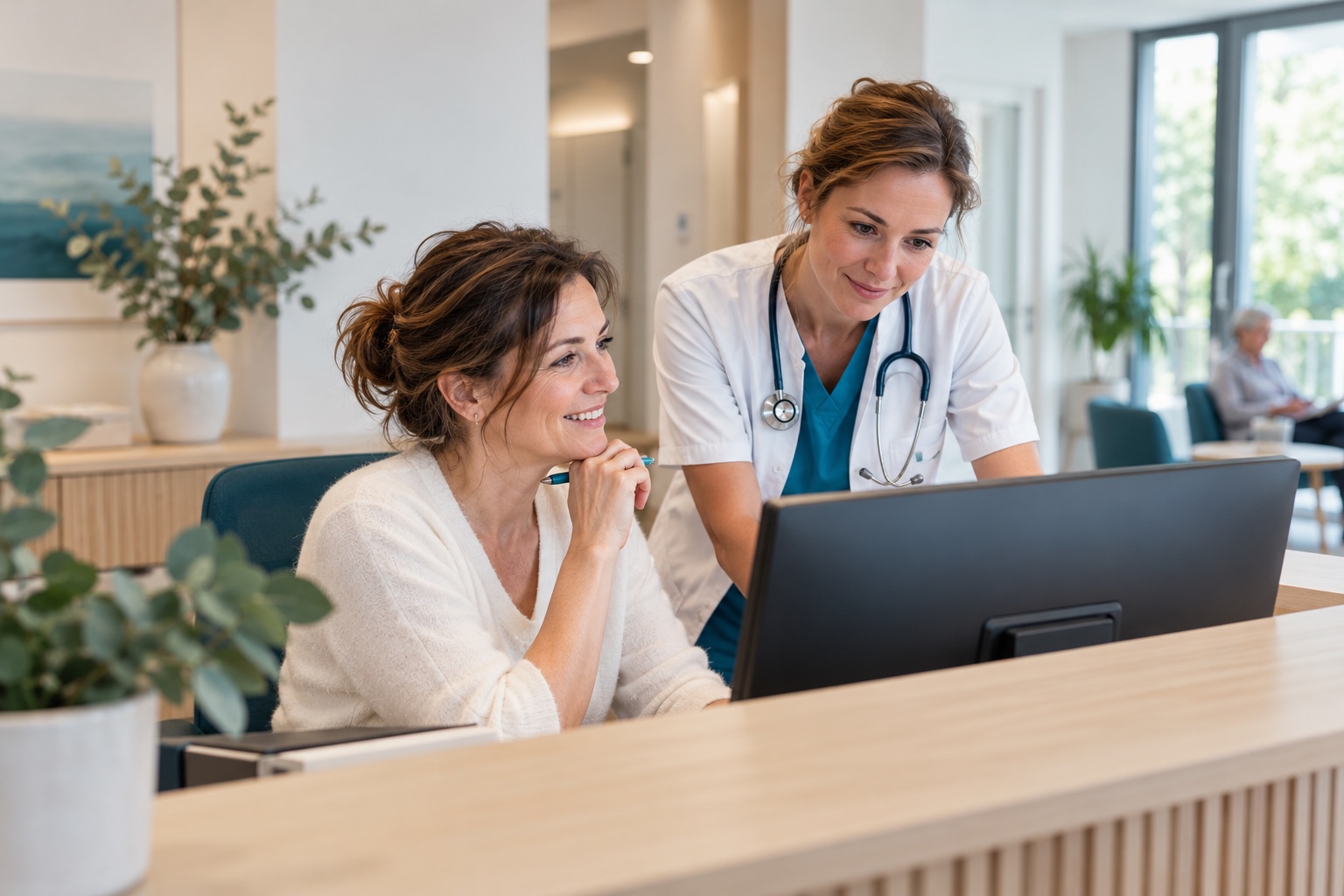 Une secrétaire et une soignante collaborent dans un centre médical