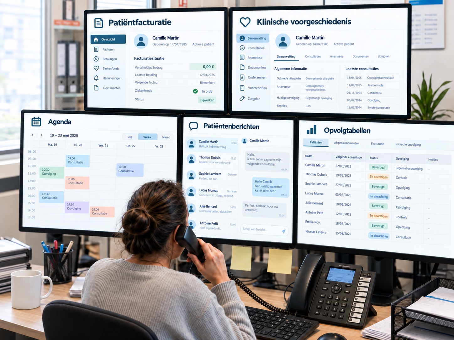 Illustratie van het onthaal: een medewerker aan de telefoon voor verschillende schermen met medische software.